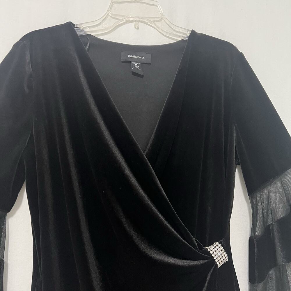 R&M Richards Black Formal Dress 14 Bell Sleeves Faux Wrap Rhinestones Evening - Picture 2 of 11